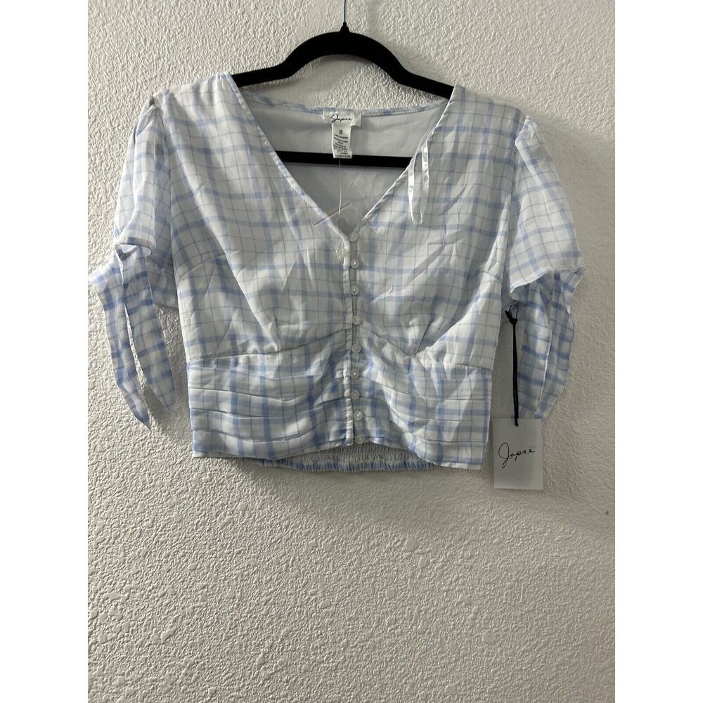 Japna Shirt Womens Blue Striped Tie Sleeve Crop Vneck Button‎ Front Smocked Sz S
